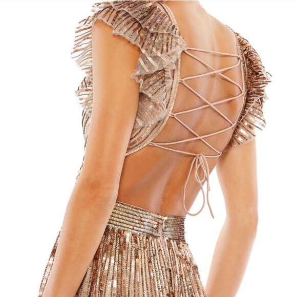 MAC DUGGAL 5568 SEQINED CUTOUT RUFFLED CAP SLEEVE LACE UP COPPER GOWN sz 6 - Picture 3 of 4
